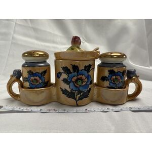 Lusterware Hand Painted Japan Vintage Condiment Set‎ Salt Pepper Sugar Spoon MCM